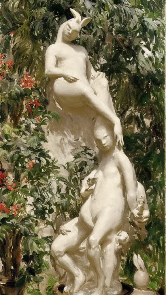 Image similar to a huge rabbit god statue beside a persian pot in botanical room by john singer sargent