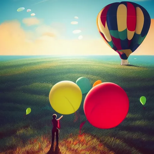 Image similar to a person standing on top of a hill under a bunch of balloons, digital art by RHADS, shutterstock contest winner, digital art, behance hd, photoillustration, whimsical