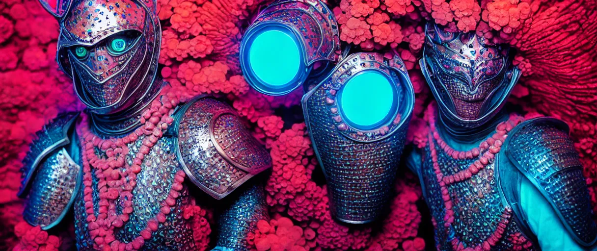 Image similar to hyperrealist highly detailed english medieval portrait of high fashion monster wearing uv light reef armor, radiating atomic neon corals, concept art pascal blanche dramatic studio lighting 8k wide angle shallow depth of field