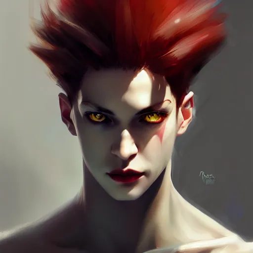 Prompt: portrait of hisoka morow hunter hunter male thin lips small eyes very thin pursed lips extremely sharp jaw yellow iris almond almond eyes squinting eyes dark red hair soft hair slicked back crimson hair anime, elegant, highly detailed, digital painting, artstation art by ruan jia and greg rutkowski, madonna