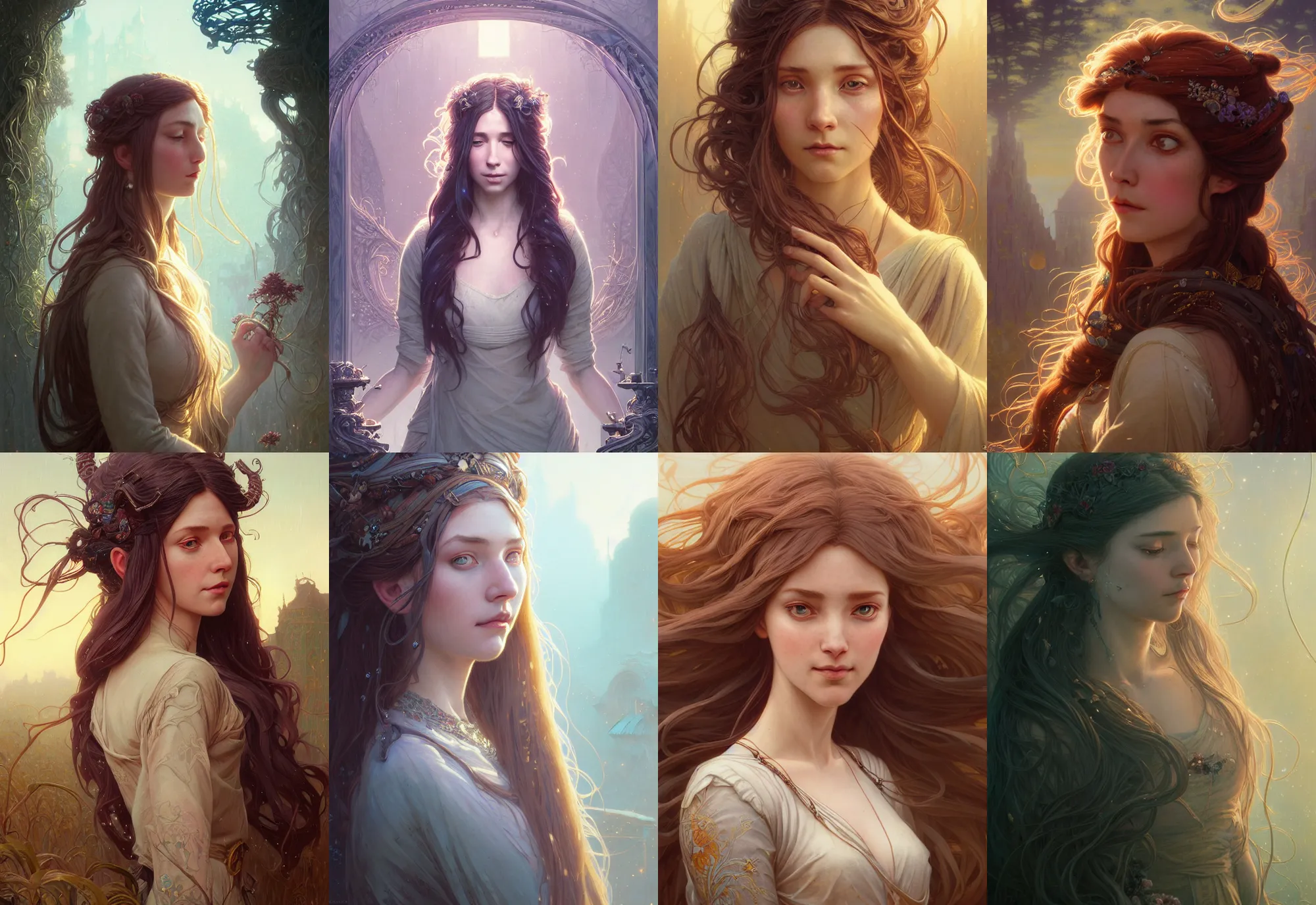 Image similar to highly detailed portrait of a woman with long hairs, stephen bliss, unreal engine, fantasy art by greg rutkowski, art nouveau, loish, rhads, ferdinand knab, makoto shinkai and lois van baarle, ilya kuvshinov, rossdraws, tom bagshaw, alphonse mucha, global illumination, radiant light, detailed and intricate environment