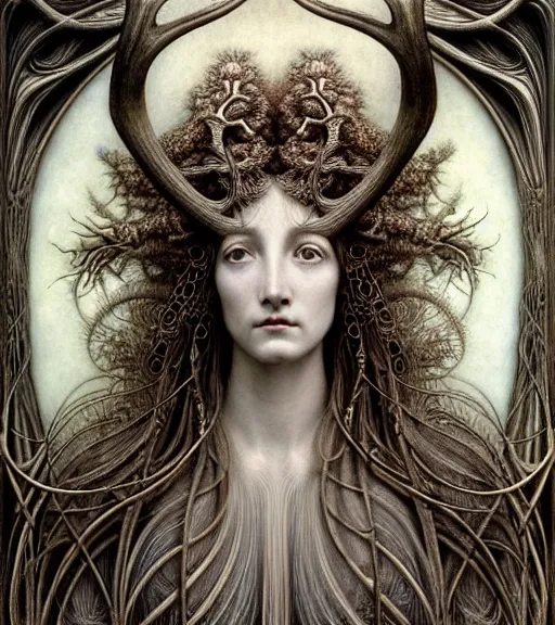 Image similar to detailed realistic beautiful antler goddess face portrait by jean delville, gustave dore, iris van herpen and marco mazzoni, art forms of nature by ernst haeckel, art nouveau, symbolist, visionary, gothic, neo - gothic, pre - raphaelite, fractal lace, intricate alien botanicals, biodiversity, surreality, hyperdetailed ultrasharp octane render
