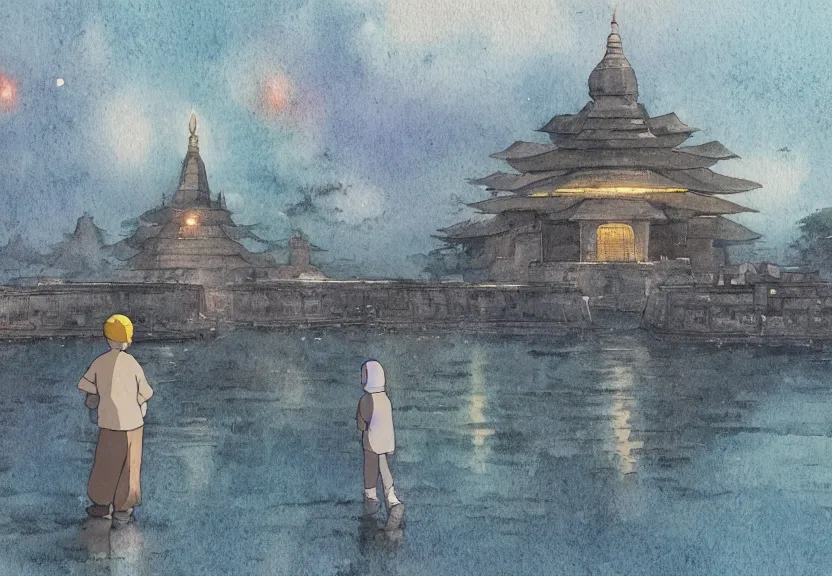 Image similar to a hyperrealist watercolor concept art from a studio ghibli film showing one giant grey monk. a temple is under construction in the background in india on a misty and starry night. by studio ghibli. very dull muted colors