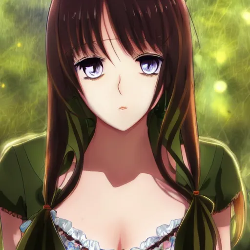 Image similar to key anime visual of a beautiful girl with brown hair and green eyes, trending on Pixiv; detailed