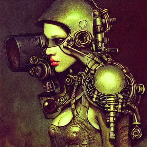 Image similar to Cute steampunk cyberpunk girl portrait with mask by Beksinski