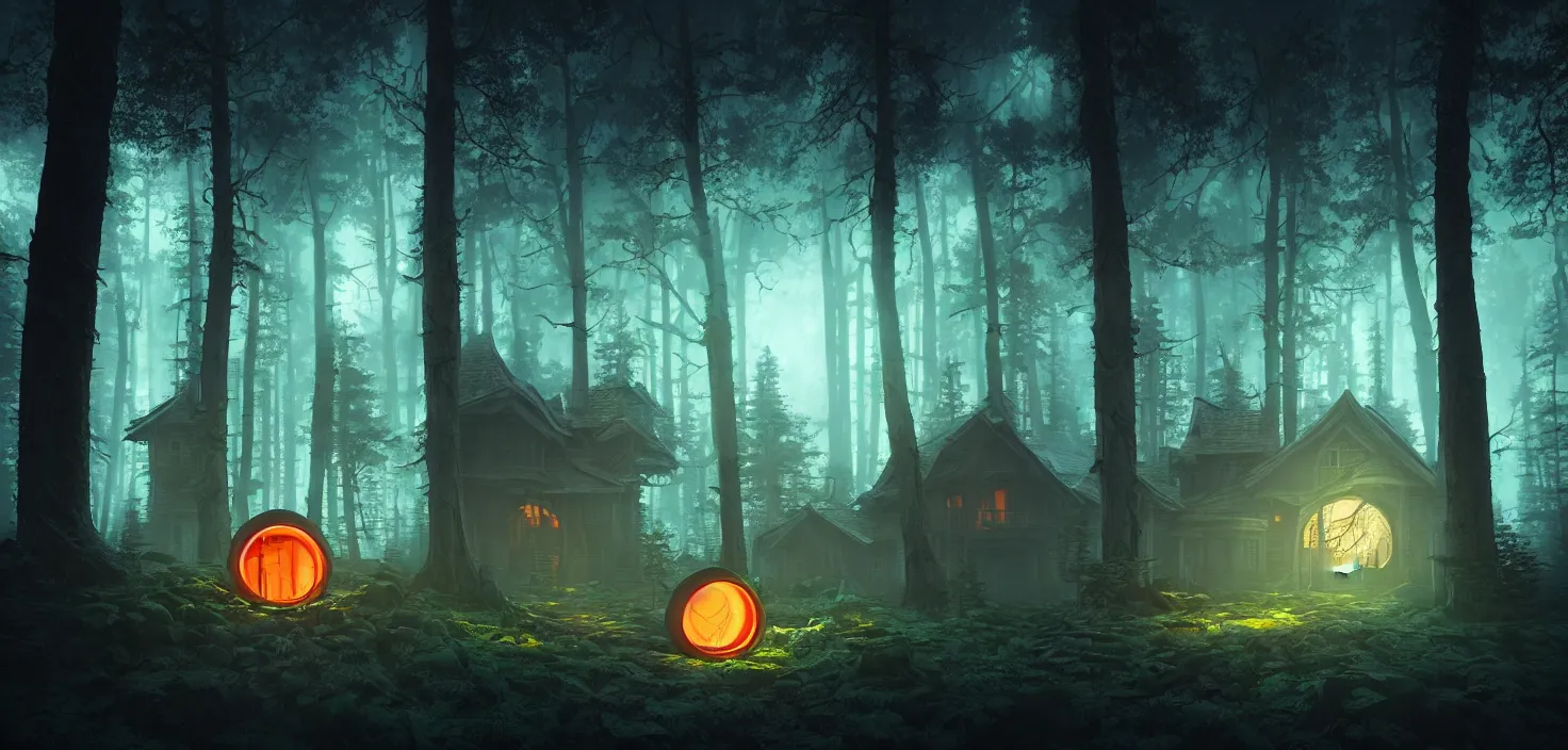 Prompt: random scary forest house landscape, round glowing neon portal, incredible, vector art, octane render, fabulous, hyper detailed, random cinematic view, no noise, global illumination, warm lighting, volumetric, godrays, vivid, beautiful, by jordan grimmer