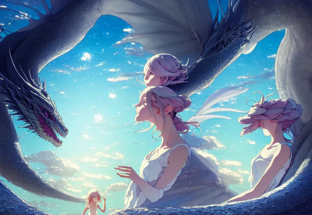 Image similar to the beautiful hyper detailed scene render that a lonely single beautiful girl lies in the arms of a huge silver dragon alone in the fairyland surrounded by white clouds, in the style of makoto shinkai victo ngai and peter mohrbacher studio ghibli artgerm karol bak beeple, cinematic, absolutely beautiful, ultra wide angle, animation style, 8 k hd