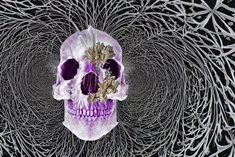 Image similar to a fractal within a fractal within a fractal within a fractal within a fractal all contained in a human skull and complimented with the most beautiful datura flowers, dynamic lighting, datura, angel's trumpet