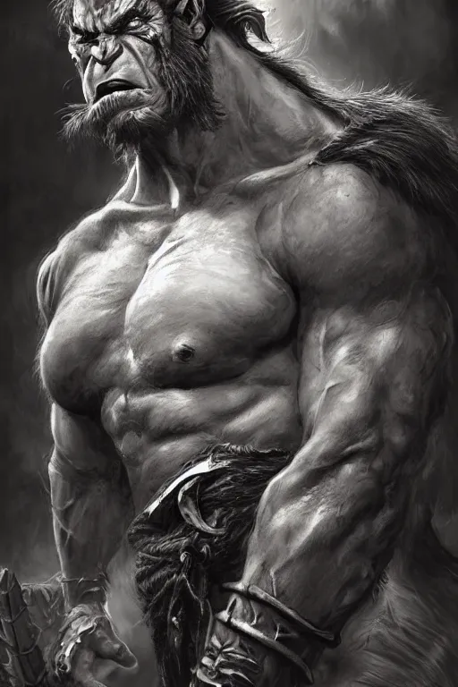 Prompt: portrait of a young ruggedly handsome hulking herculean orc bugbear demon pirate, male, masculine, upper body, night black hair, fantasy, frown, war face paint, intricate, elegant, highly detailed, digital painting, artstation, concept art, matte, sharp focus, illustration, art by artgerm and greg rutkowski and alphonse mucha