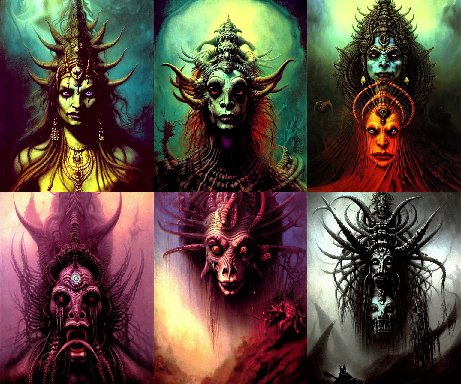 Prompt: A cinematic gothic closeup underwater portrait of the majestic mystical colossal Indian Hindu Demon Satan goddess of Death and Evil, by Rembrandt van Rijn, by Wayne Barlowe, by Paul Lehr, by Bruce Pennington, by Zdzisław Beksiński, oil on canvas, masterpiece, trending on artstation, featured on pixiv, cinematic composition, astrophotography, dramatic pose, beautiful lighting, sharp, details, details, hyper-detailed, no frames, 8K