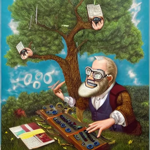 Prompt: old man white beard playing a synthesizer in a tree house, notes and clefs listening, lowbrow surrealistic, in the style of mark ryden,