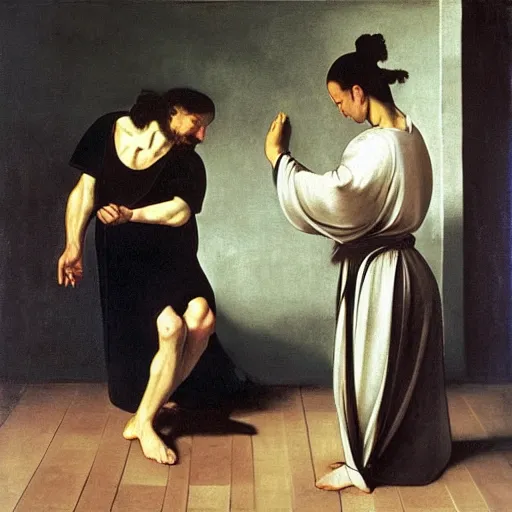 Image similar to caravaggio painting of qigong and tea