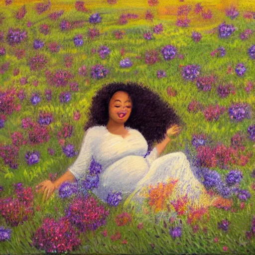 Prompt: pregnant black woman with curly hair in a vast field of flowers, laying down, a tiny black puppy running around, golden hour, vintage, impressionist painting, fine art, oil painting, dreamy, pastel, laughing, happy, intricate details, sharp, peaceful, serene