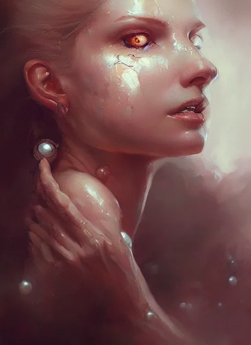 Image similar to a woman with pearls in eye sockets and glistering skin, greg rutkowski, raymond swanland, fantasy art, detailed painting, artstation