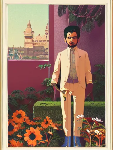 Prompt: artwork by Michael Whelan, Bob Larkin and Tomer Hanuka, of a solo individual portrait of an Indian guy with flowers, dapper, simple illustration, domestic, nostalgic, full of details, by Makoto Shinkai and thomas kinkade, wes anderson, wes anderson, wes anderson, wes anderson, wes anderson, Matte painting, trending on artstation and unreal engine