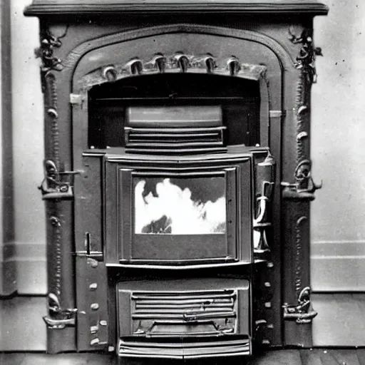 Prompt: a photograph from 1890 of mechwarrior made out of a cast iron potbelly stove