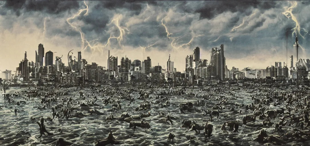 Image similar to apocaliptic Portrait of the city of Mar del Plata with a offshore oil dripping , crowd of sudamericans lions sea, by stephen Shoreand Arthur Adams , epic composition 35mm, 8k