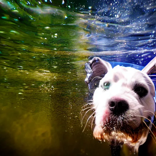 Image similar to dog underwater photography and light scattering, water refractions turned out impressive imho,