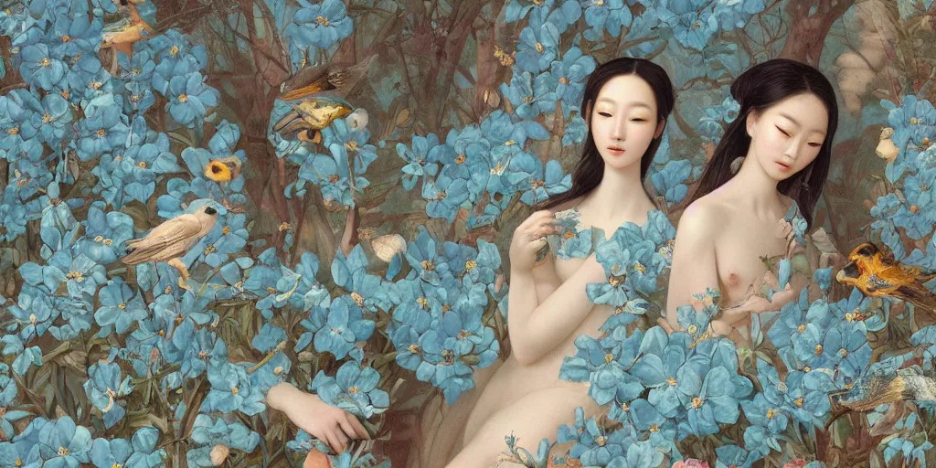 Prompt: breathtaking detailed concept art painting pattern of two goddess of light blue flowers by hsiao - ron cheng with anxious piercing eyes and flowers and fruits and birds by beto val and john james audubon, bizarre compositions, exquisite detail, extremely moody lighting, 8 k
