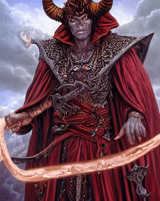 Prompt: detailed portrait of a male horned Tiefling as a powerful dungeons and dragons warlock, wearing dark robe, intricate, hyper detailed, lovecraftian, realistic, oil painting, by jeff easley, boris vallejo, cinematic lighting