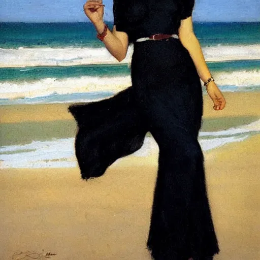 Image similar to woman on the beach, black dress, part leyendecker style, part dean cornwell style