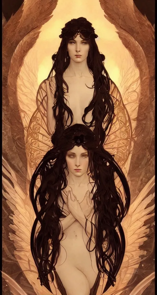 Image similar to A portrait of A beautiful! angel in black flames!! by Ross Tran!!! and alphonse mucha and greg rutkowski! and gustav doré!,In style of digital art illustration.Symmetry.Highly detailed face.Fantasy,smooth,hyper detailed,sharp focus,Soft light.trending on artstation.4k