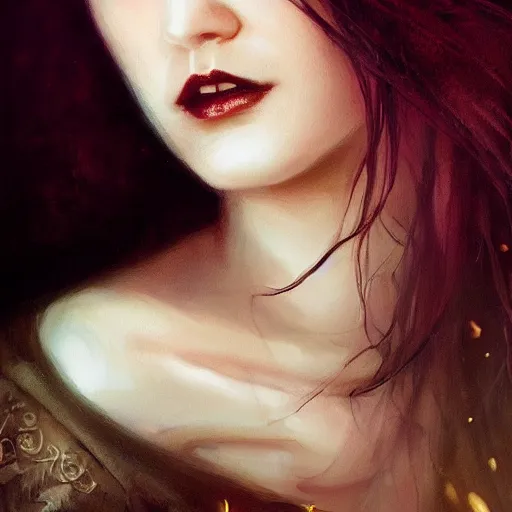 Image similar to majestic gracious regal aristocratic brunette female vampire portrait, atmospheric lighting, painted, menacing, intricate, volumetric lighting, beautiful, rich deep colours masterpiece, golden hour, sharp focus, ultra detailed, by leesha hannigan, ross tran, thierry doizon, kai carpenter, ignacio fernandez rios