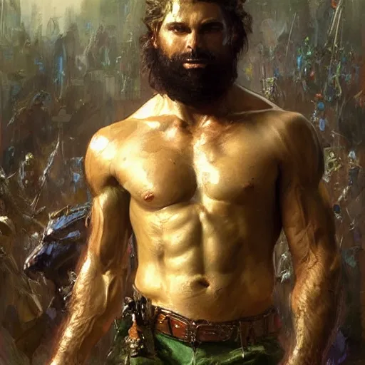 Image similar to young warrior marching toward the viewer, male, muscular, green eyes!!!!, straight nose!!!!!, beard, detailed face, thighs!!!!! gorgeous, amazing, toned, intricate, highly detailed, painting by Gaston Bussiere, Craig Mullins