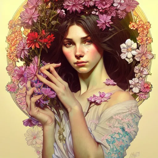 Image similar to Portrait of a girl surrounded by flowers, face, fantasy, intricate, elegant, highly detailed, digital painting, artstation, concept art, smooth, sharp focus, illustration, art by Fernanda Suarez and Artem Demura and alphonse mucha