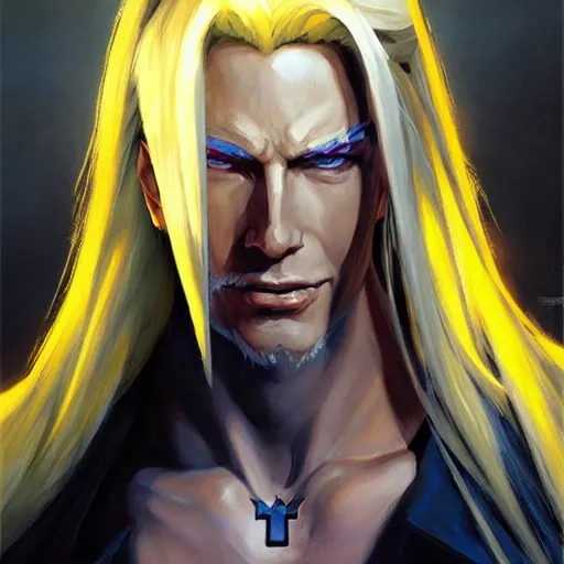 Image similar to Greg Manchess portrait painting of Sephiroth from FFVII as Overwatch character, medium shot, asymmetrical, profile picture, Organic Painting, sunny day, Matte Painting, bold shapes, hard edges, street art, trending on artstation, by Huang Guangjian and Gil Elvgren and Sachin Teng