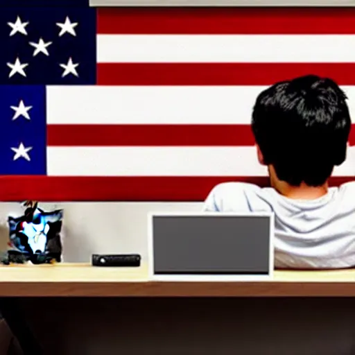 Prompt: American teenager with black hair playing ROBLOX on his computer in his bedroom, USA flag on the wall, France flag on the wall, highly detailed, full room, sad atmosphere, dark room, in the photo realistic