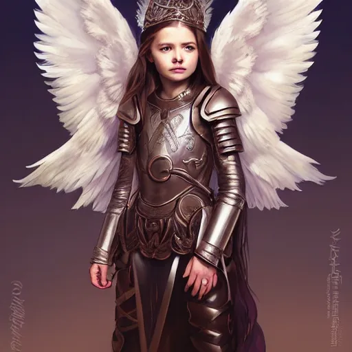 Image similar to portrait of young aasimar angel girl maiden wearing comfy leather armor with beautiful feathered angel wings, kawaii cute face, brown eyes, Mackenzie Foy, Chloe Moretz, by artgerm and greg rutkowski and alphonse mucha and andrei riabovitchev and Rossdraws and Bluesssatan and Mandy Jurgens and Stjepan Sejic, 4k oil on linen, vivid colors, colorful, photorealistic, high dynamic range, HDR, intricate, elegant, highly detailed, digital painting, artstation, concept art, smooth, sharp focus, illustration, mid-shot, medium shot, hyperdetailed