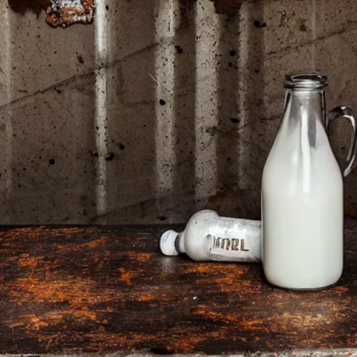 Prompt: bottle of milk over a rusted metal table inside a jail cell