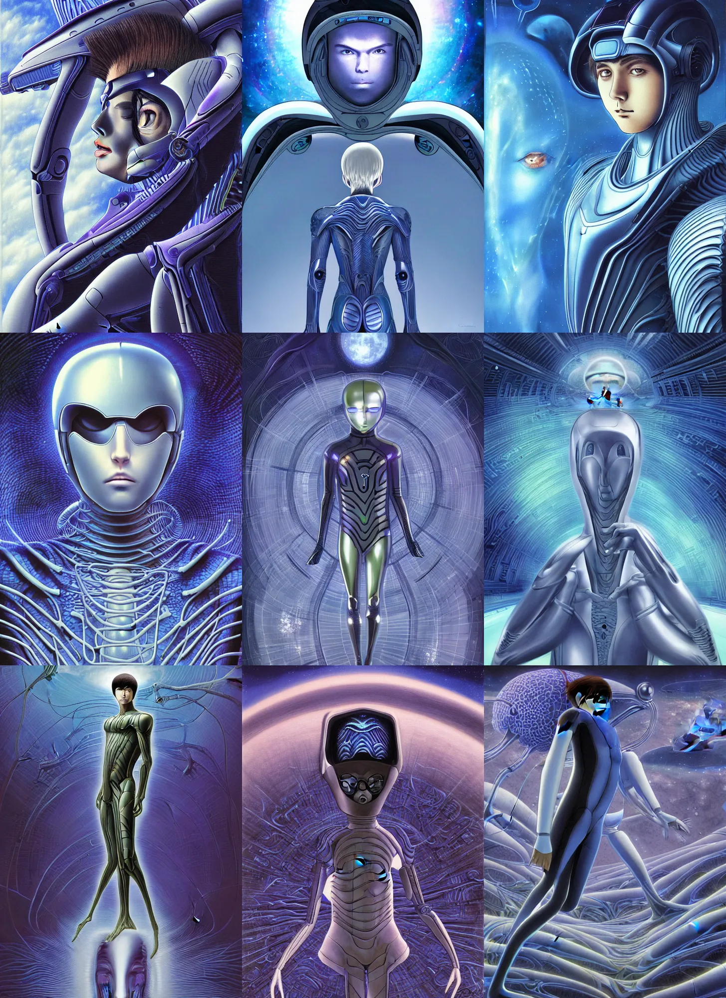 Image similar to a teen male in futuristic suit falls into a dream within a dream within a dream within a dream within a dream, h. r. giger, junji ito, alex grey, salvador dali, fractal, surreal art, semi realistic anime, studio ghibli, makoto shinkai, award winning illustration, masterpiece, trending on pixiv, 8 k