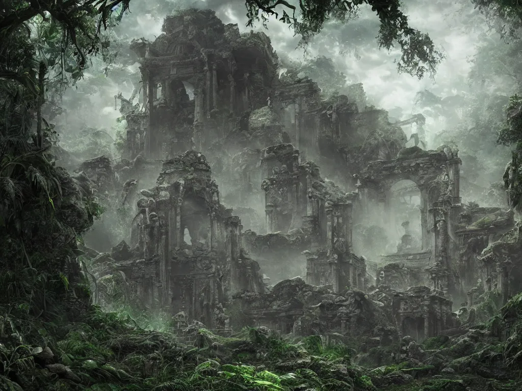 Image similar to hyper realistic photo of an ancient ruined temple of a monster elder god in the jungle, cinematic, rule of thirds, artstation, cgsociety