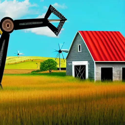 Image similar to farm theme, linux, windmill, broken pipe, 3 d art, digital illustration, perfect lighting