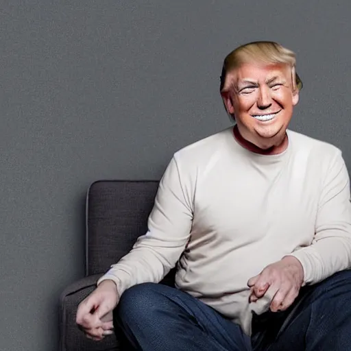 Prompt: Portrait Photo of Donald Trump smiling creepy into the camera in a monkey body, gray hair, smiling softly, realistic, 4k/8, real, photoshooting, relaxing on a modern couch, interior lighting, cozy living room background, medium shot, mid-shot, soft focus, professional photography, Portra 400