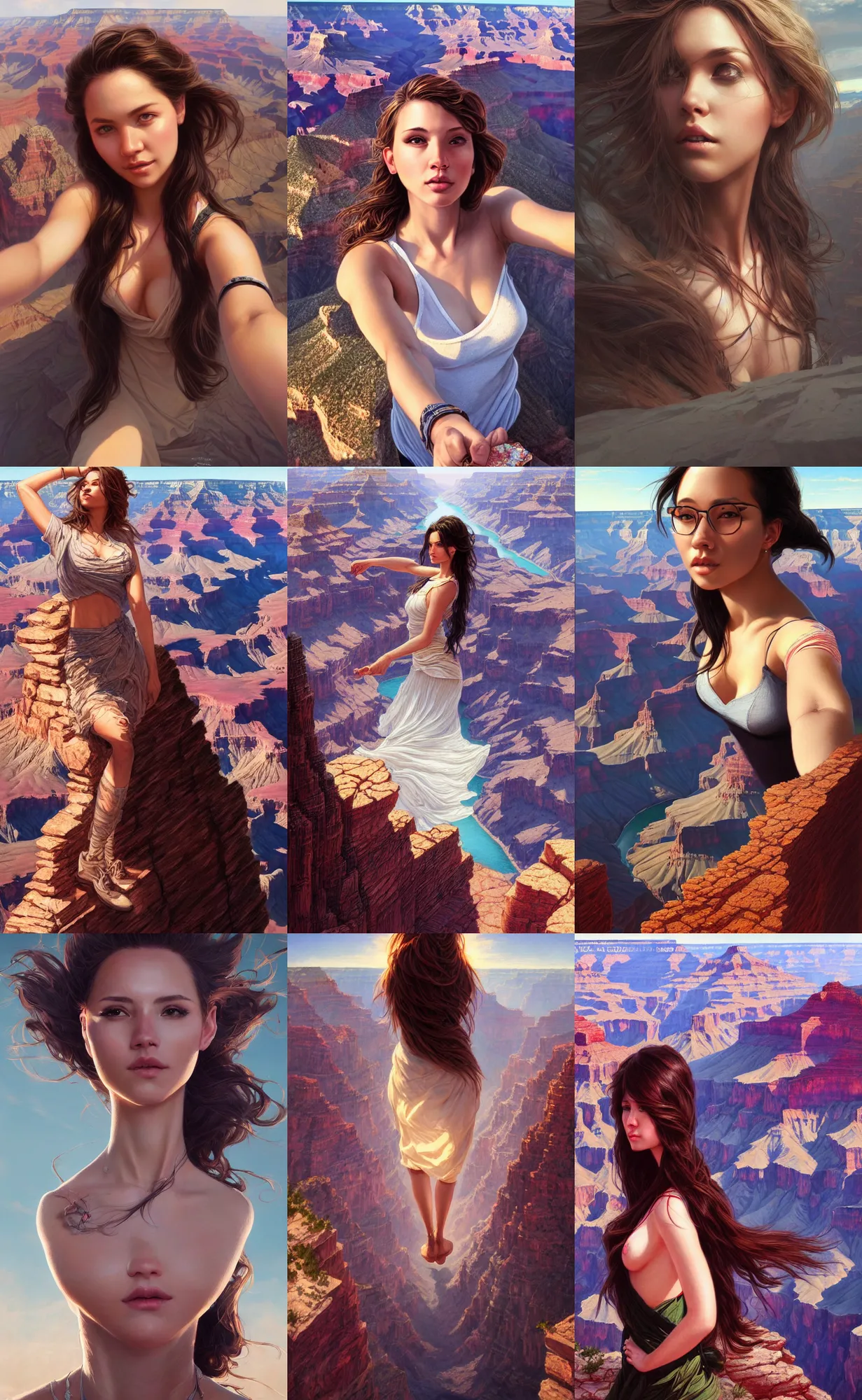 Prompt: high angle selfie of a beautiful woman taken at the rim of the grand canyon, digital painting, intricately detailed, highly detailed, artwork by greg rutkowski, artwork by ross tran, artwork by randy vargas, artwork by artgerm, artwork by alex garner, trending on artstation