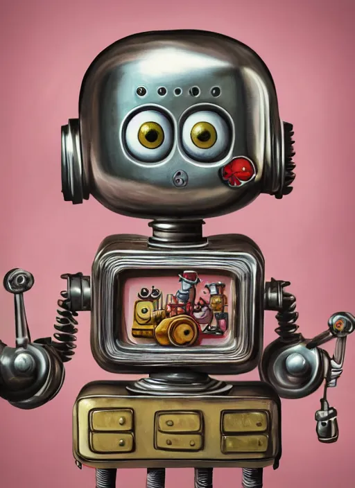 Prompt: highly detailed closeup portrait of a cute tin toy retro robot eating cakes, nicoletta ceccoli, mark ryden, lostfish, earl nore, hyung tae, frank frazetta, global illumination, god rays, detailed and intricate environment