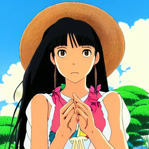 Image similar to beautiful mexican woman, darker tan skin, black hair and brown eyes, studio ghibli art style, art by hayao miyazaki, makoto shinkai