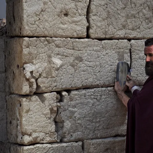 Prompt: award winning cinematic still of 40 year old man in ancient Canaanite clothing building a broken wall in Jerusalem, directed by Christopher Nolan