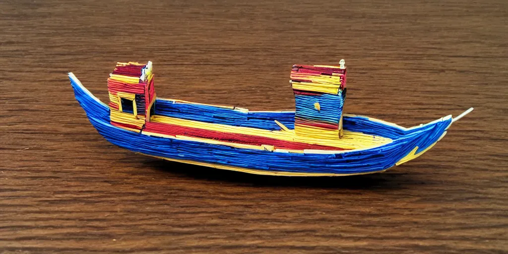 Image similar to a boat made of match sticks, 4k, 35mm