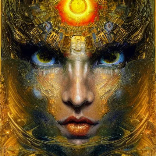 Image similar to Divine Chaos Engine by Karol Bak, Jean Deville, Gustav Klimt, and Vincent Van Gogh, beautiful visionary face portrait, sacred geometry, mystic spirals, otherworldly, fractal structures, ornate gilded medieval icon, third eye