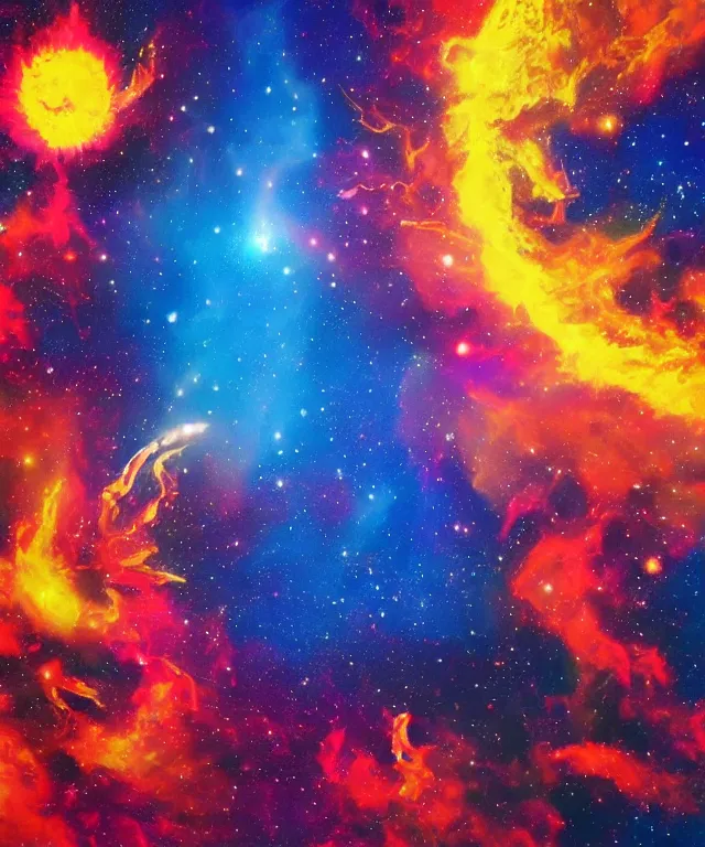 Image similar to blackhole sun, space, professional painting, bright colors, phoenix flames, nebula clouds