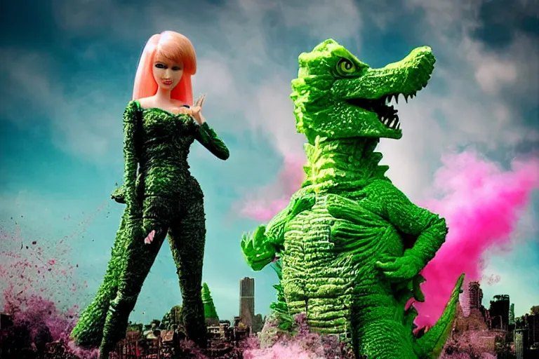 Prompt: Godzilla tea party with Barbie, plastic barbie doll, green rubber suit godzilla, by Alberto Seveso