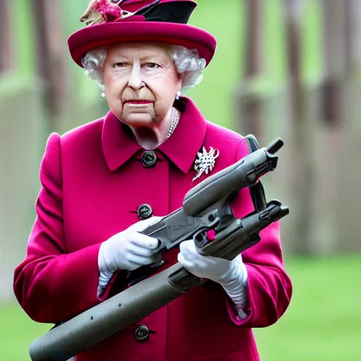 Image similar to Queen Elizabeth II holding a gun while in WWII trenches, highly detailed, high quality, HD, 4k, 8k, Canon 300mm, professional photographer, 40mp, lifelike, top-rated, award winning, realistic, sharp, no blur, edited, corrected, trending