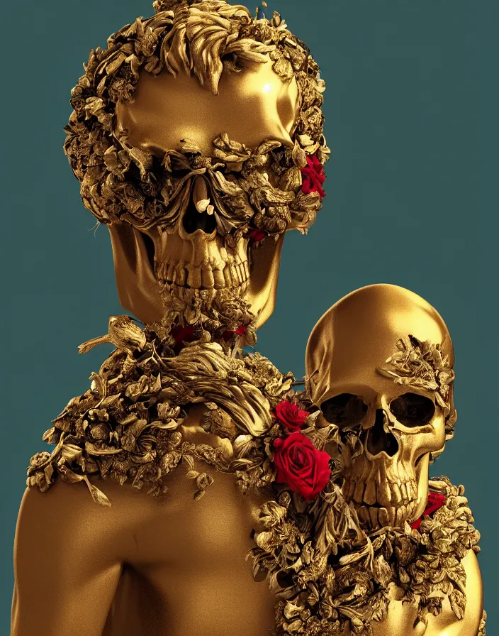 Prompt: man in the form of a Greek sculpture, full length view, stands by golden stone, birds, skulls, flowers. baroque elements, human skull. intricate artwork by artstation. halo. octane render, cinematic, hyper realism, octane render, 8k, depth of field, bokeh. iridescent accents. vibrant. teal and gold and red colour scheme