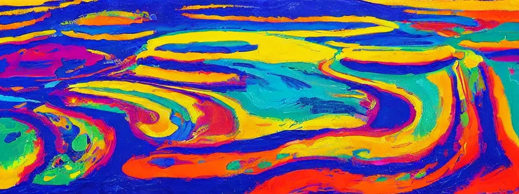 Image similar to Psychedelic sci-fi dreamworld. Landscape painting. Organic. Winding rushing water. Waves. Clouds. Wayne Thiebaud. Peter Max.