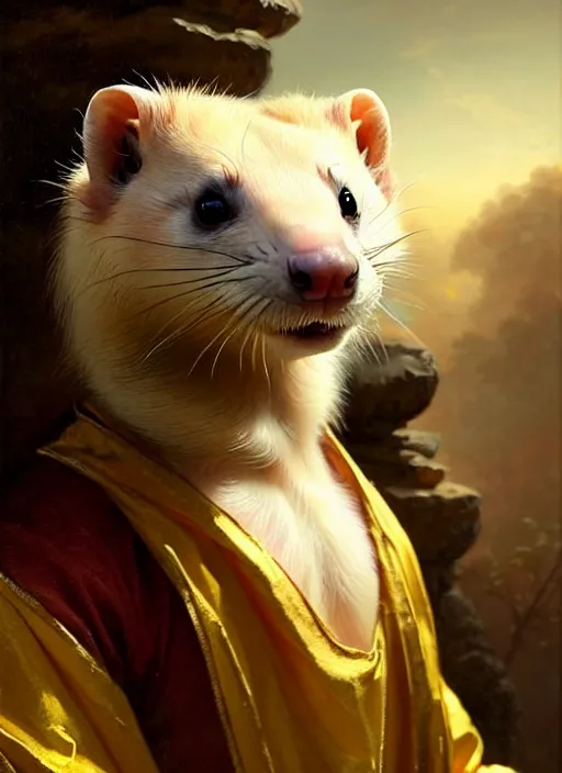 Prompt: a beautiful closeup shot from a fantasy film of a humanoid ferret with golden eyes wearing a loose tunic. an anthropomorphic mustelid with gold eyes. portrait. joseph ducreux, greg rutkowski.