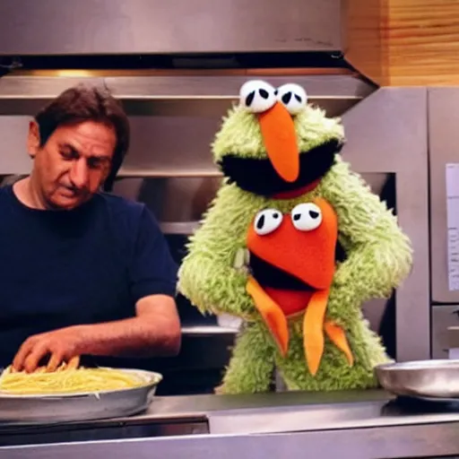 Image similar to italian chef cooking muppets like spaghetti